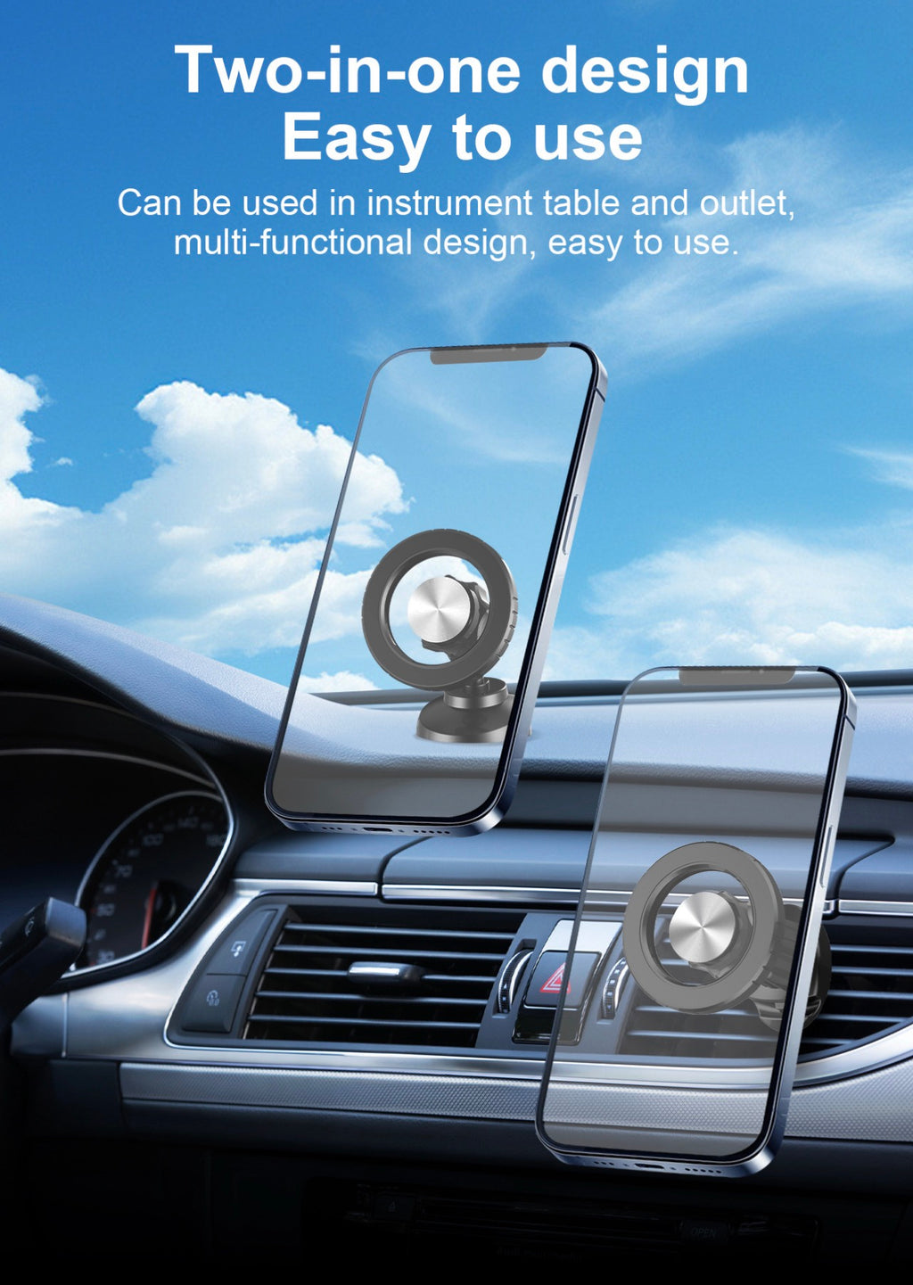 Support Téléphone Voiture Magnétique 2-en-1 – Fixation Tableau de Bord & Grille d'Aération